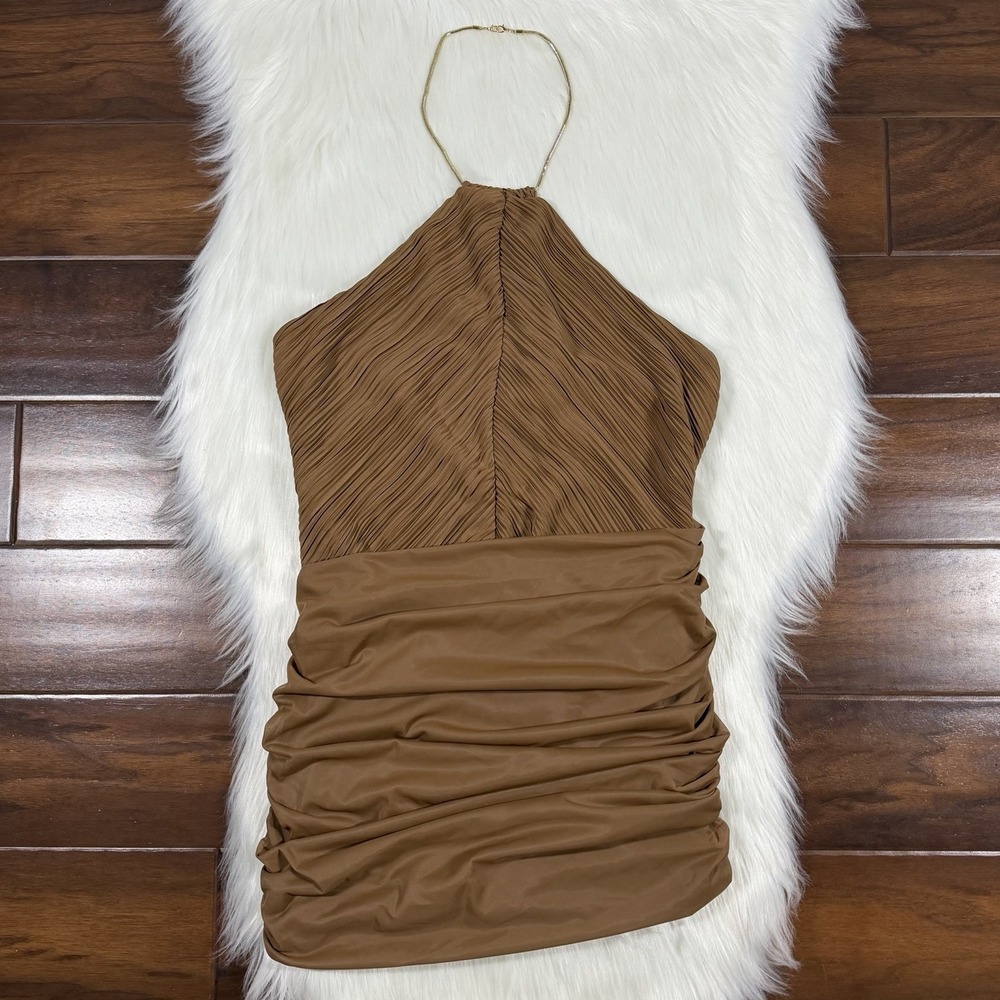 Innovare Denim Women's Size Small Brown Bosse Ruched Halter Mini Dress